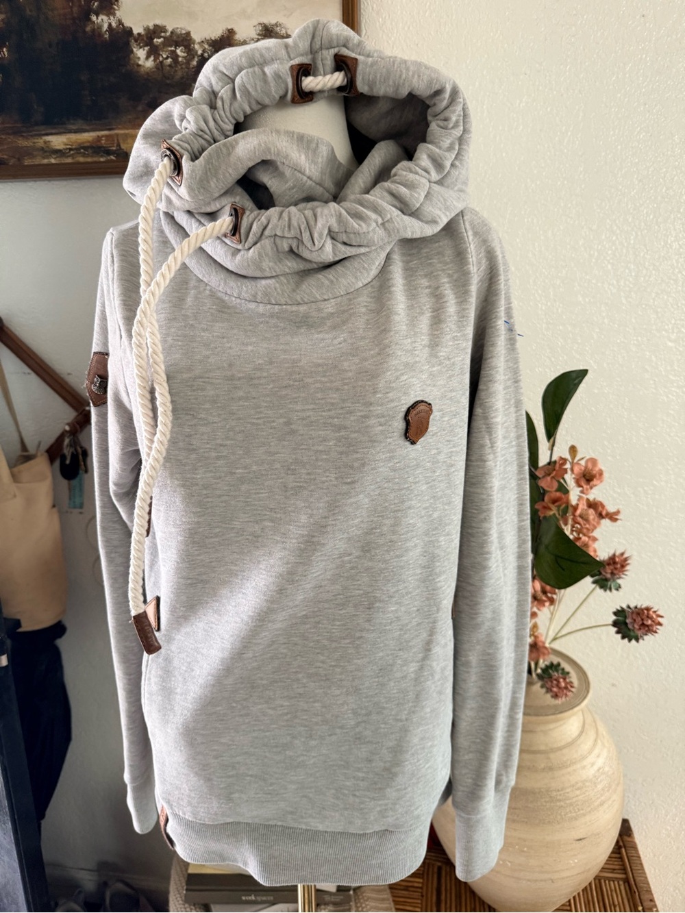 Naketano Heather Light Gray Sweatshirt with Brown Leather Patch
